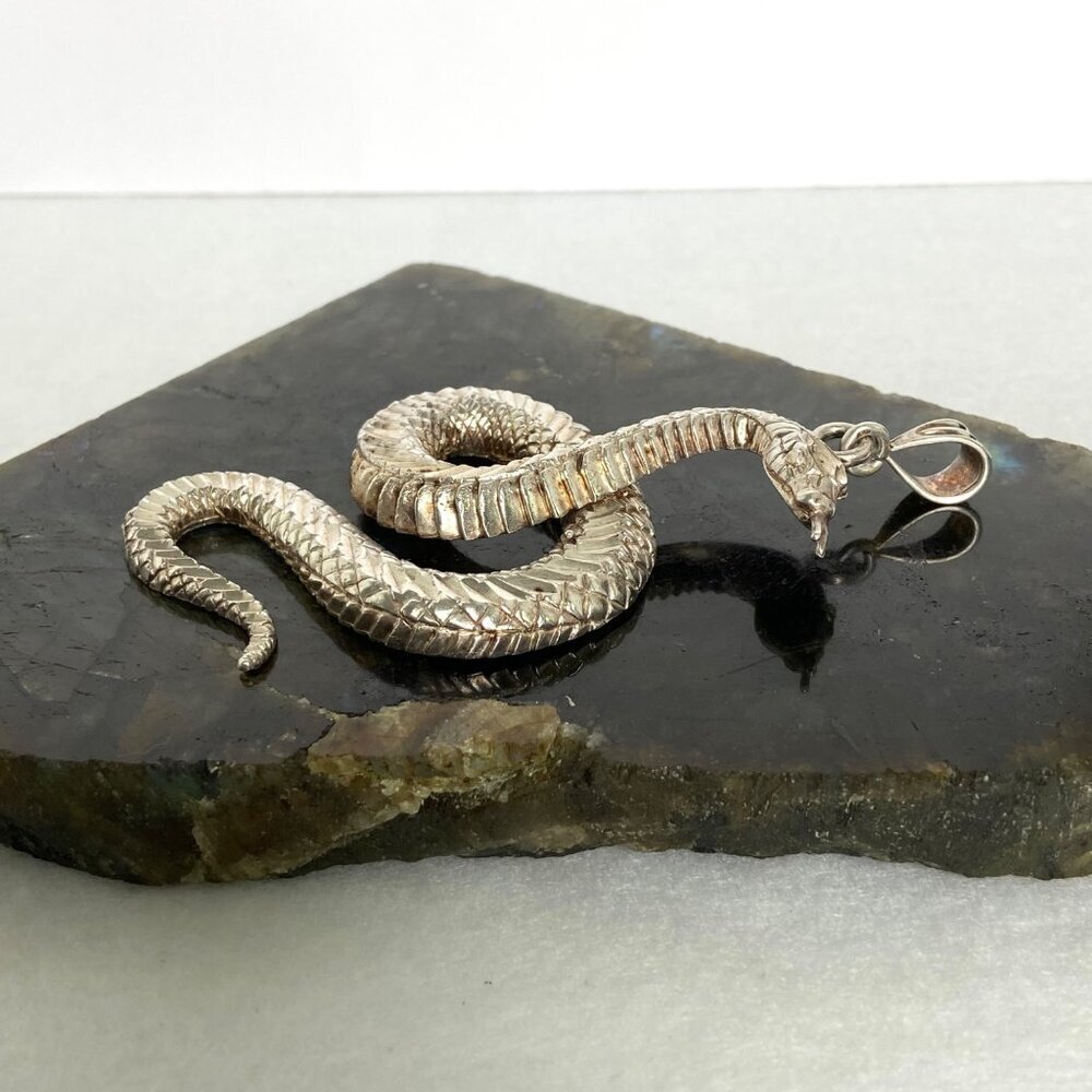 VTG Sterling Silver “1 Of A Kind” Large Diamond Cut Snake Serpent Pendant 29g - Picture 4 of 16